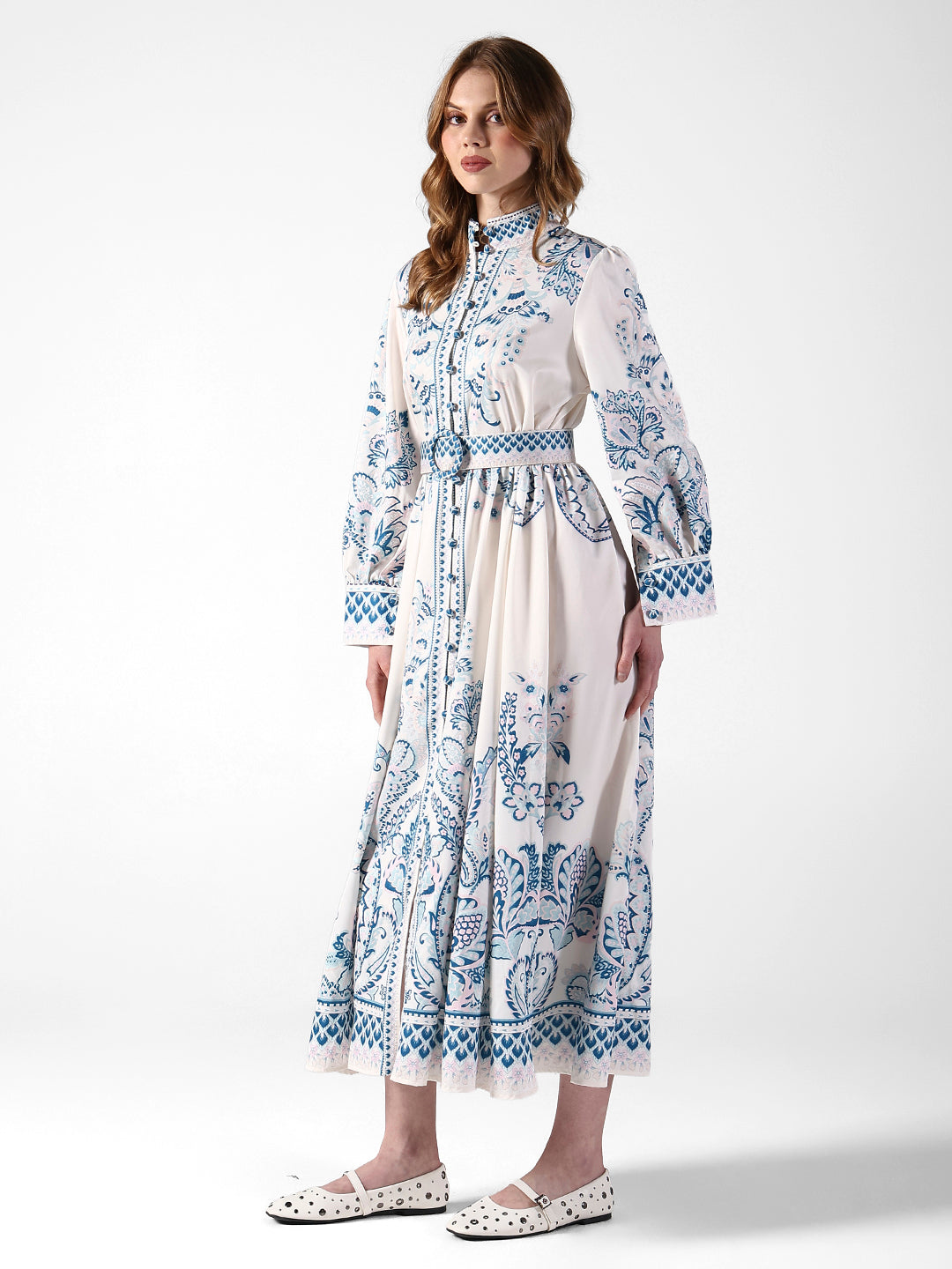 Women's Floral White & Blue Maxi Dress with Belted Waist
