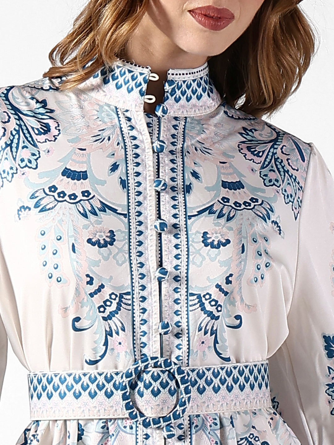 Women's Floral White & Blue Maxi Dress with Belted Waist