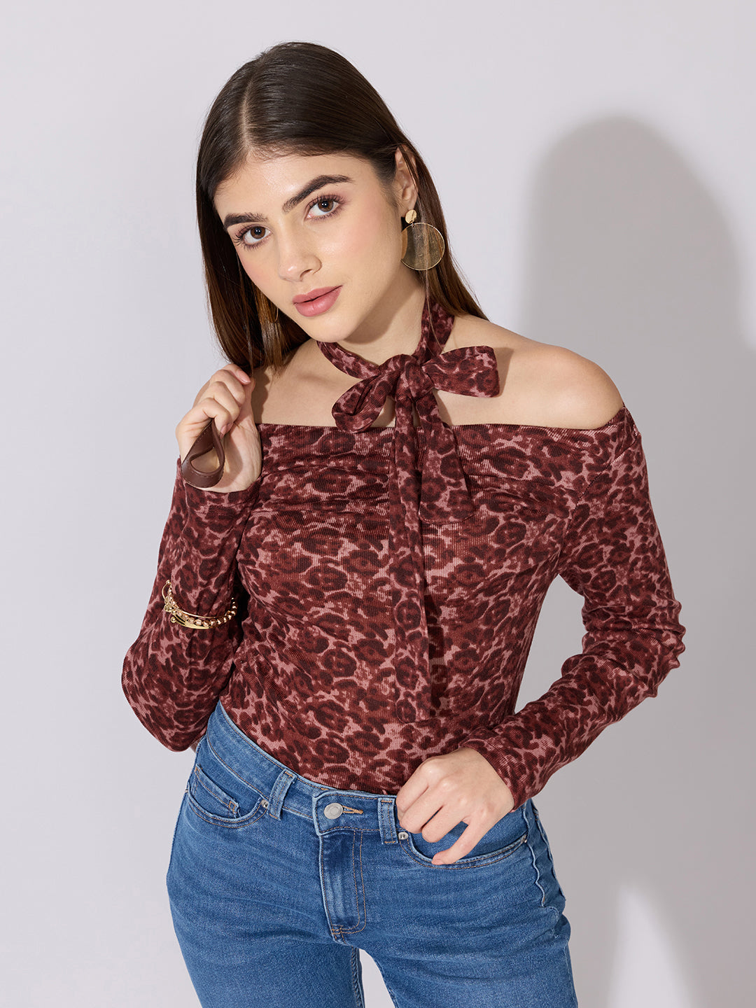 Women's Printed Red Off-Shoulder Fitted Top with Tie-Neck