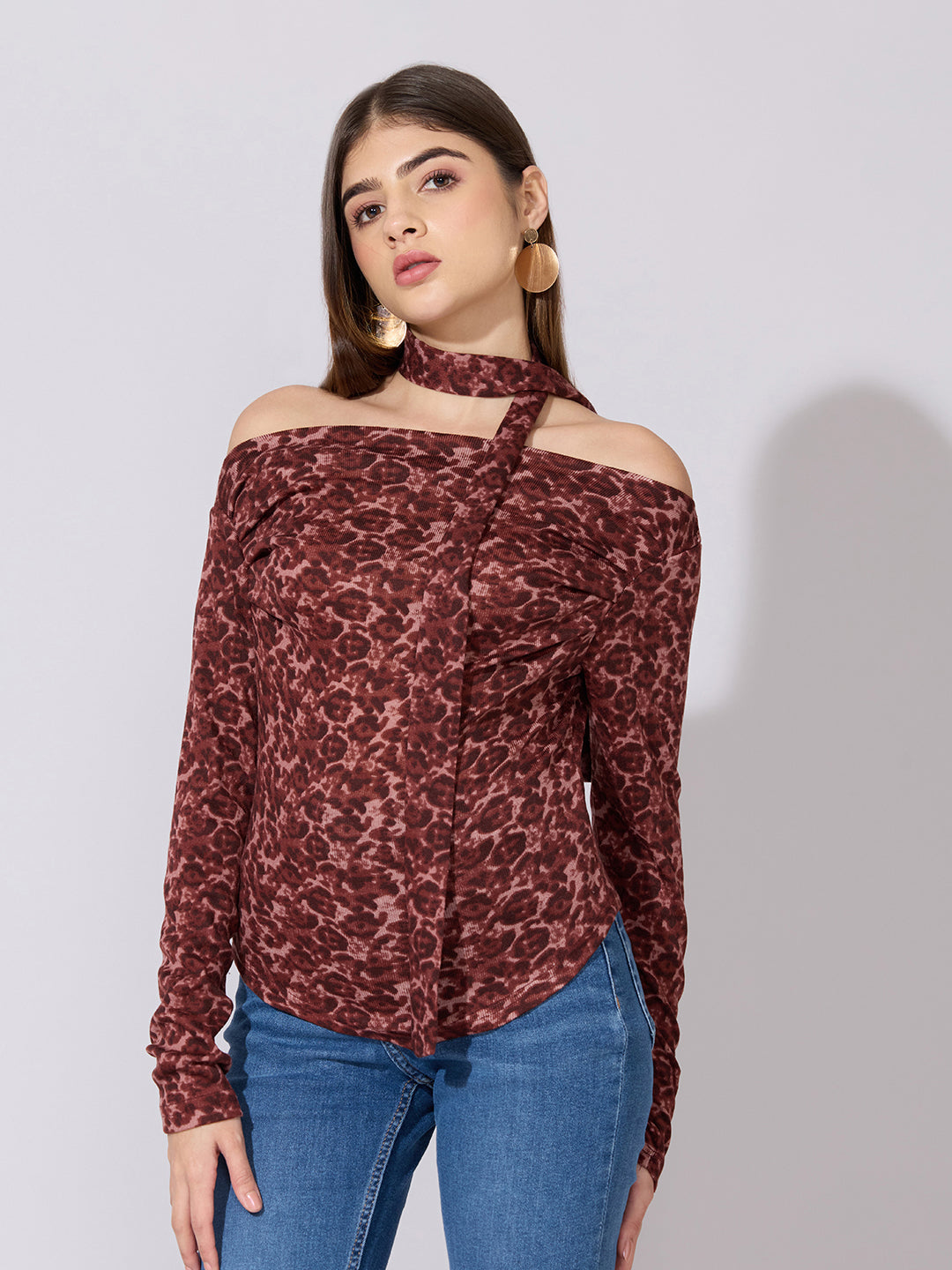 Women's Printed Red Off-Shoulder Fitted Top with Tie-Neck