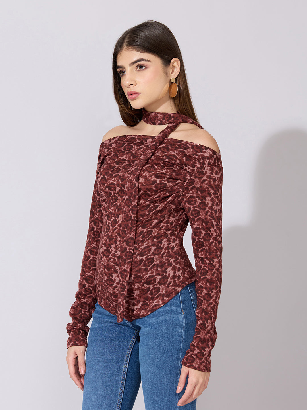 Women's Printed Red Off-Shoulder Fitted Top with Tie-Neck