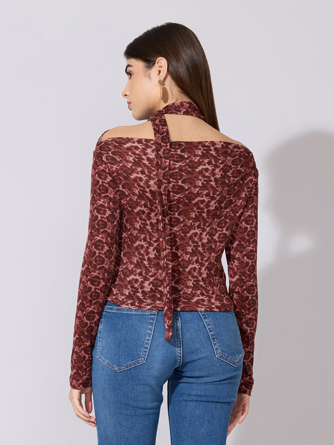 Women's Printed Red Off-Shoulder Fitted Top with Tie-Neck