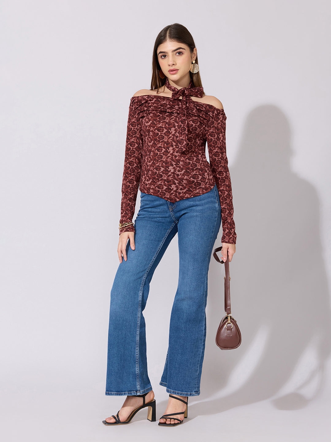 Women's Printed Red Off-Shoulder Fitted Top with Tie-Neck
