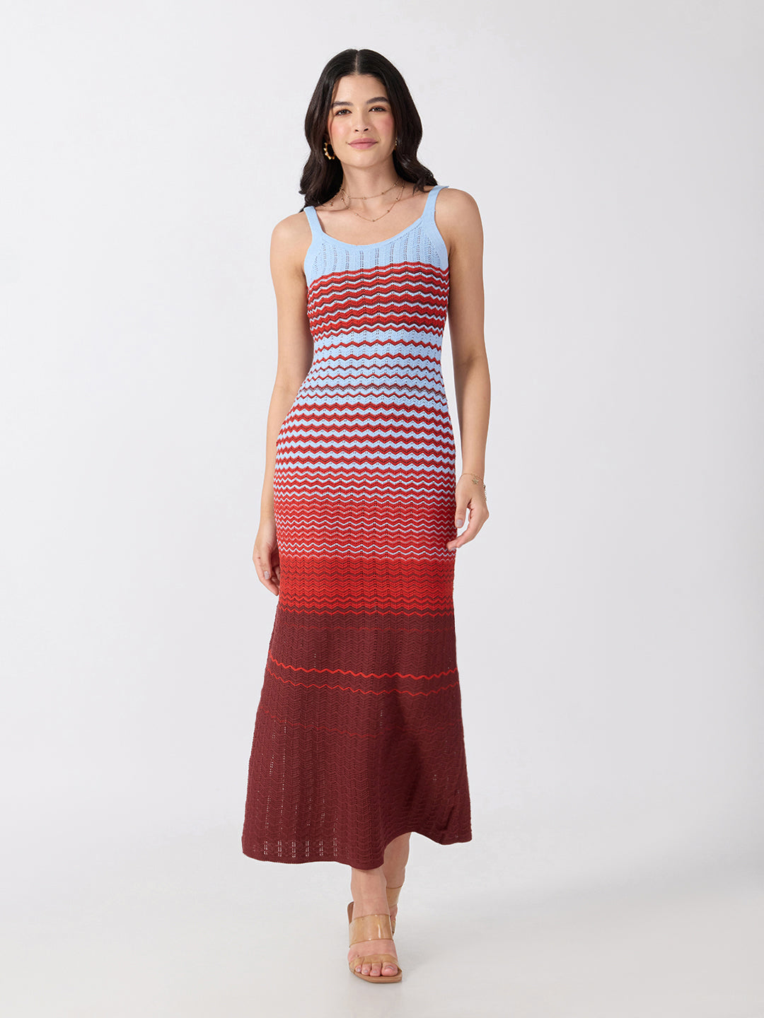 Women’s Blue Chevron Knit Bodycon Dress with Shoulder Straps and Flared Hem