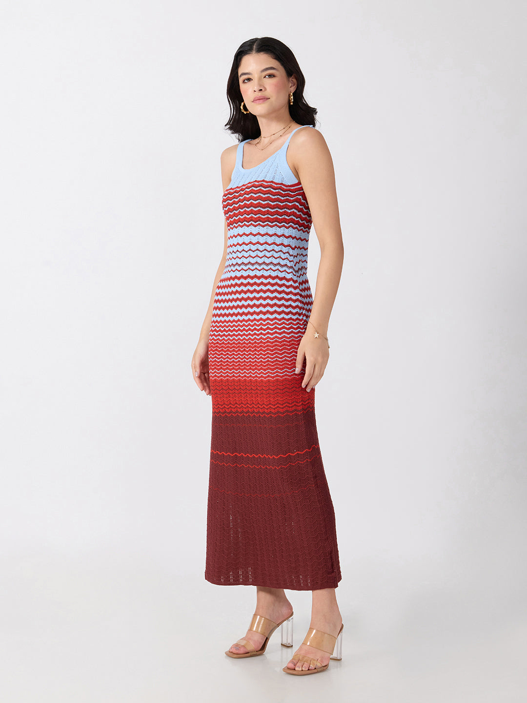 Women’s Blue Chevron Knit Bodycon Dress with Shoulder Straps and Flared Hem