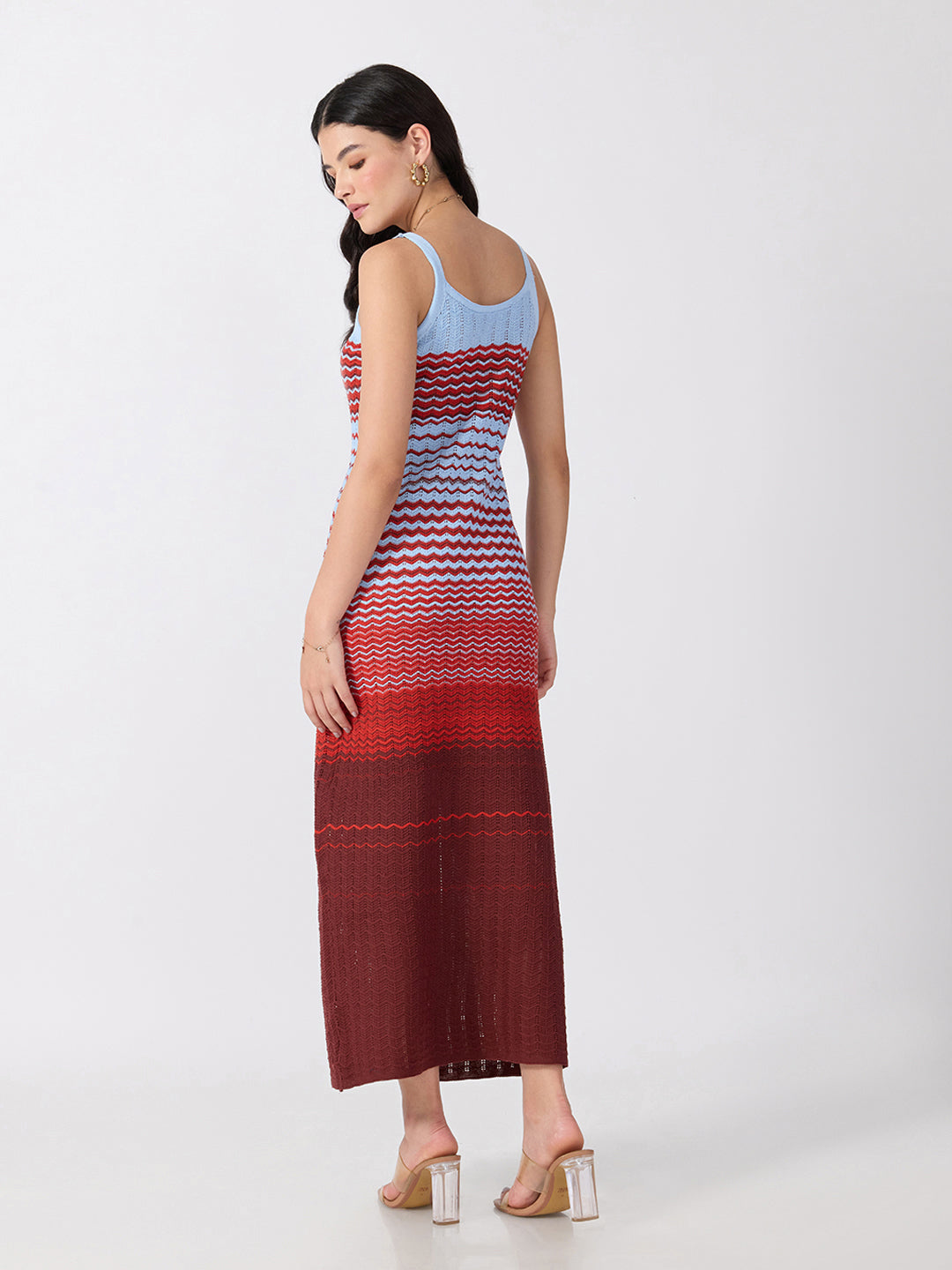 Women’s Blue Chevron Knit Bodycon Dress with Shoulder Straps and Flared Hem