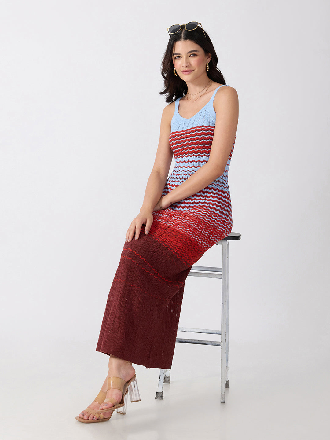 Women’s Blue Chevron Knit Bodycon Dress with Shoulder Straps and Flared Hem