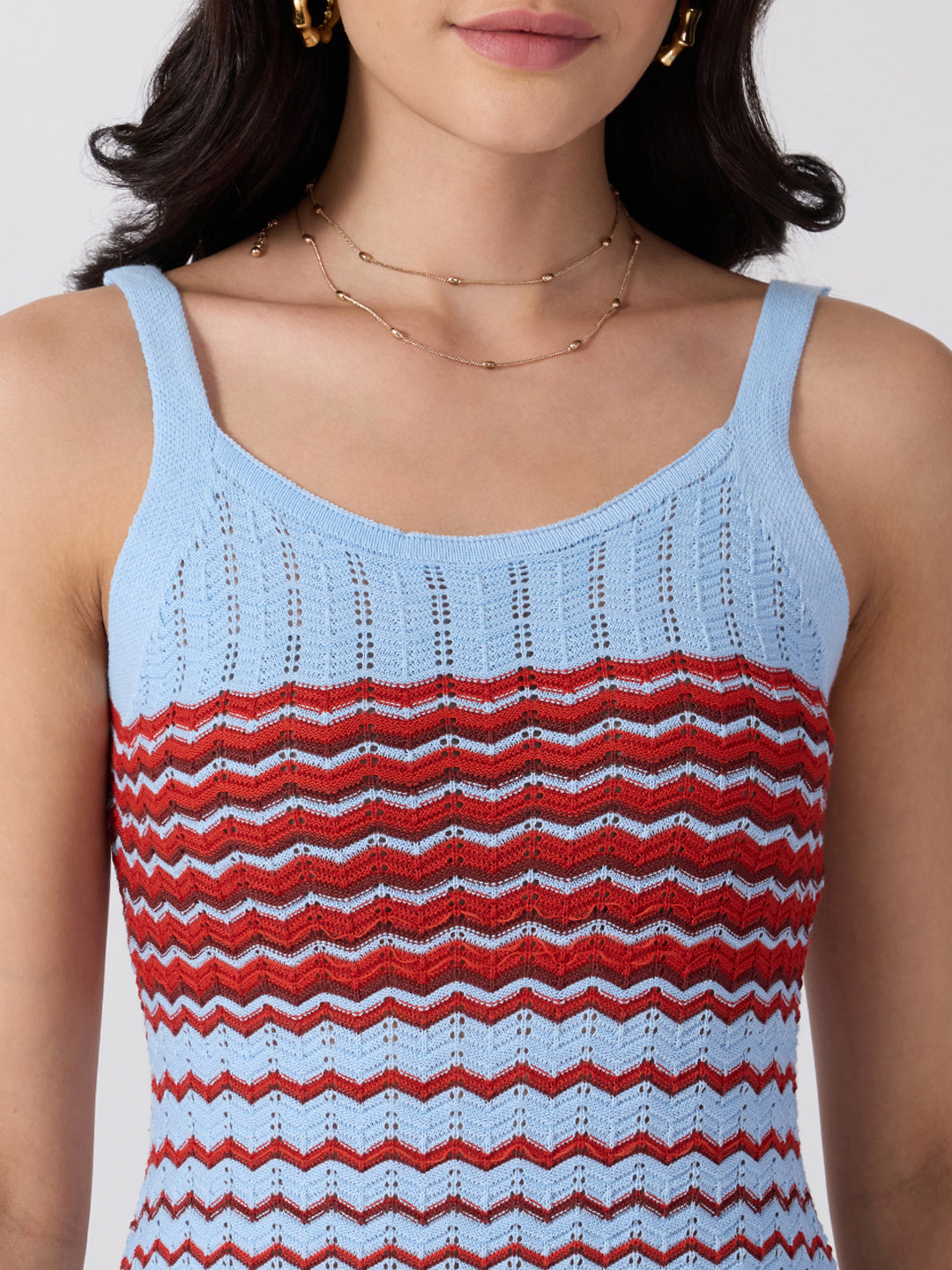 Women’s Blue Chevron Knit Bodycon Dress with Shoulder Straps and Flared Hem