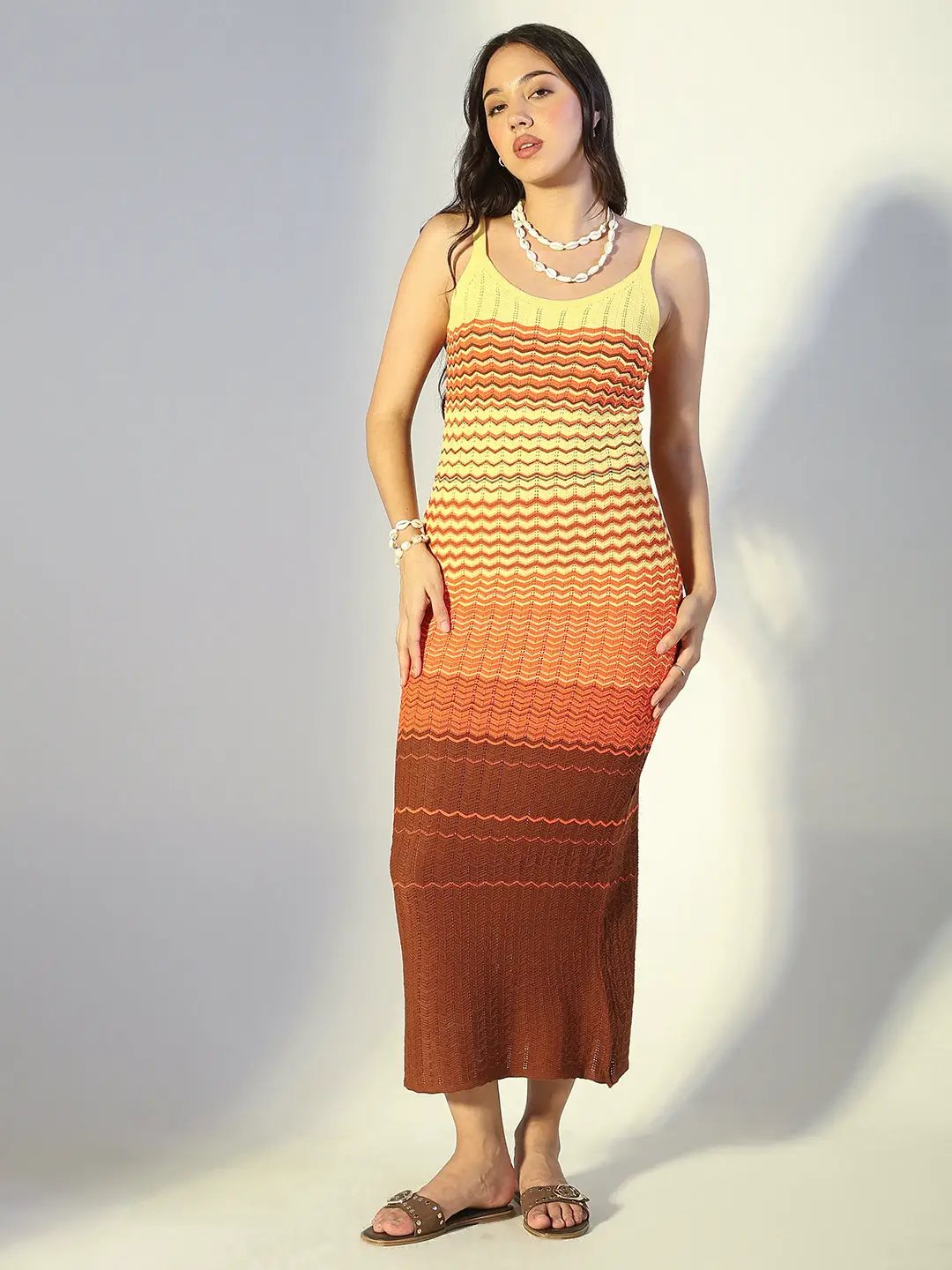 Shop Women's Colour blocked Brown Chevron Knit Maxi Dress| Showoffff Shop Women's Colour blocked Brown Chevron Knit Maxi Dress| Showoffff