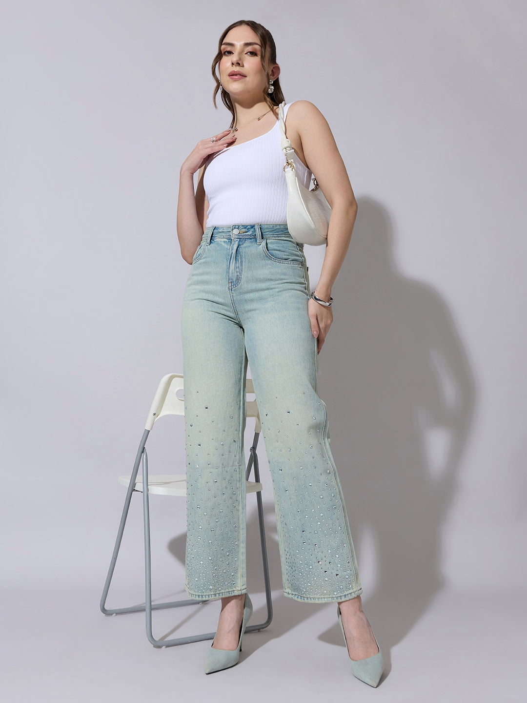 Women's Embellished Blue High Waist Jeans