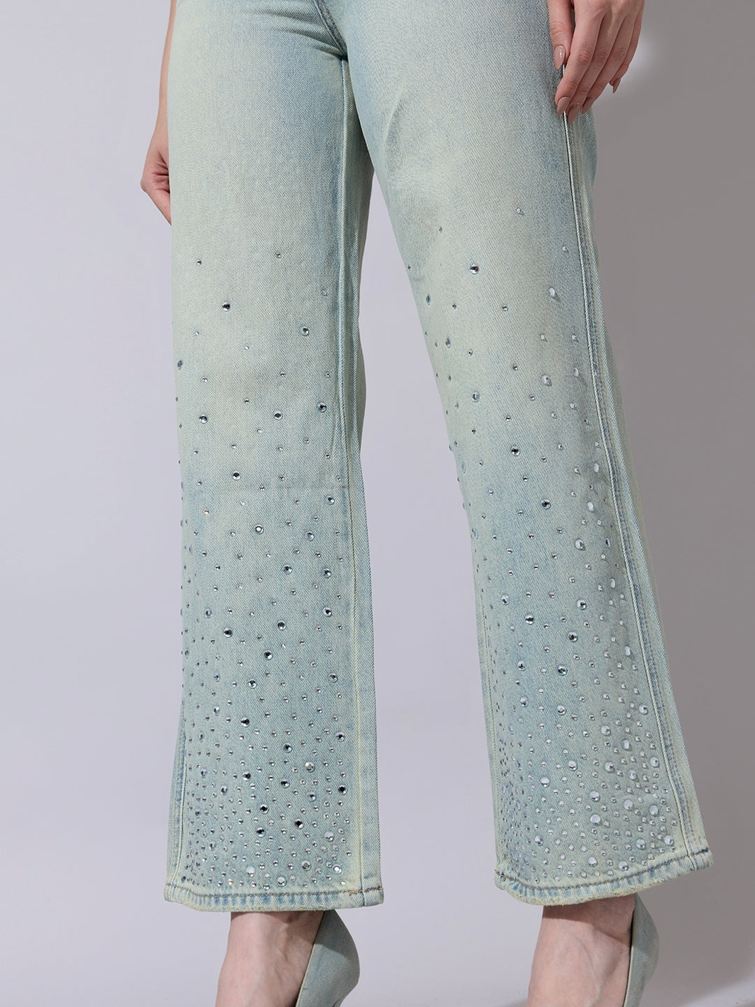 Women's Embellished Blue High Waist Jeans