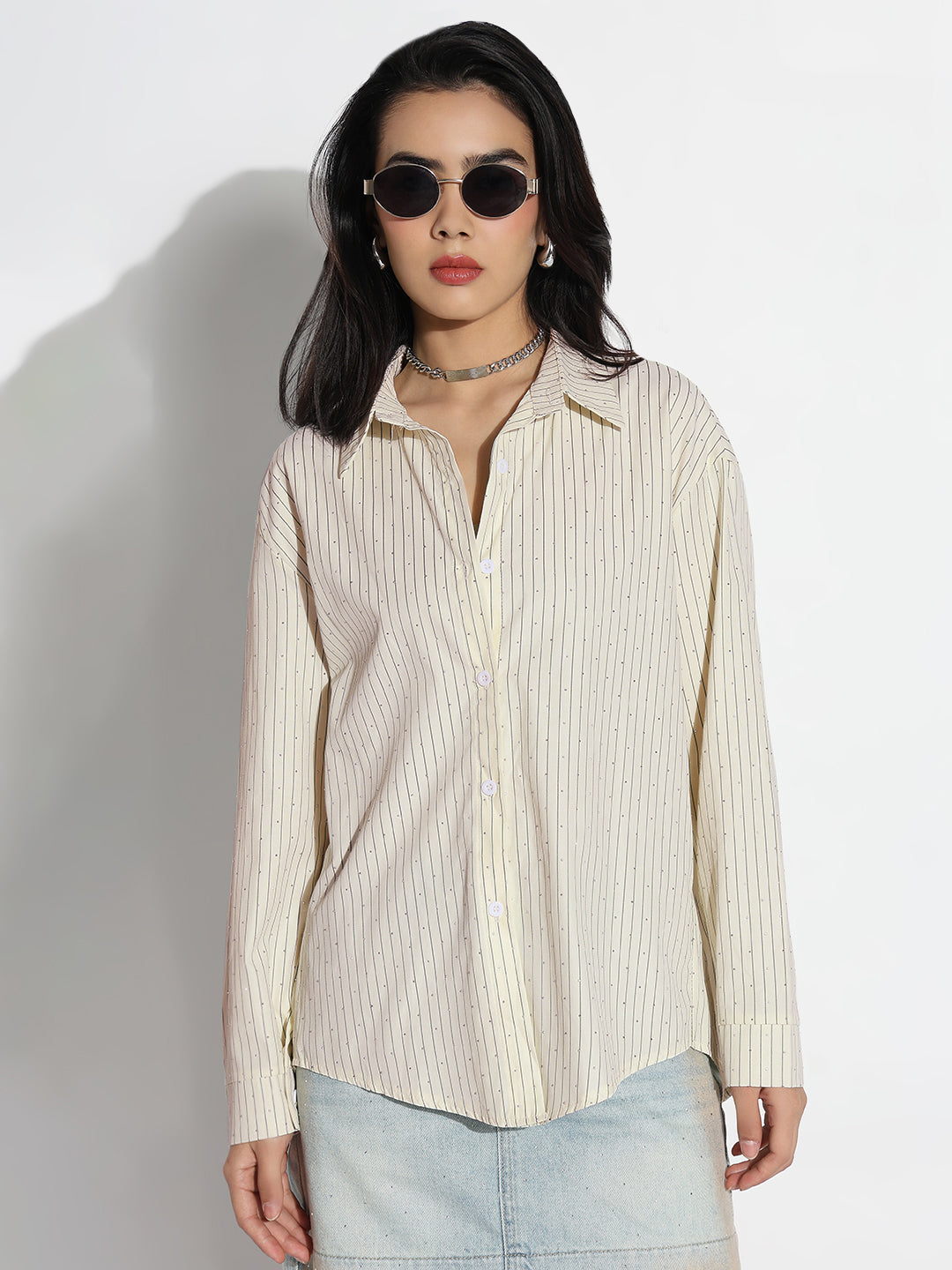 Women Oversized Cream Striped Shirt