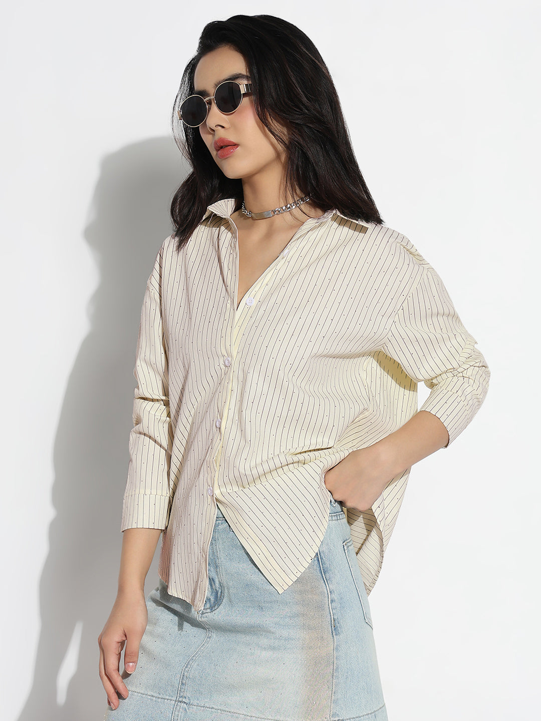 Women Oversized Cream Striped Shirt