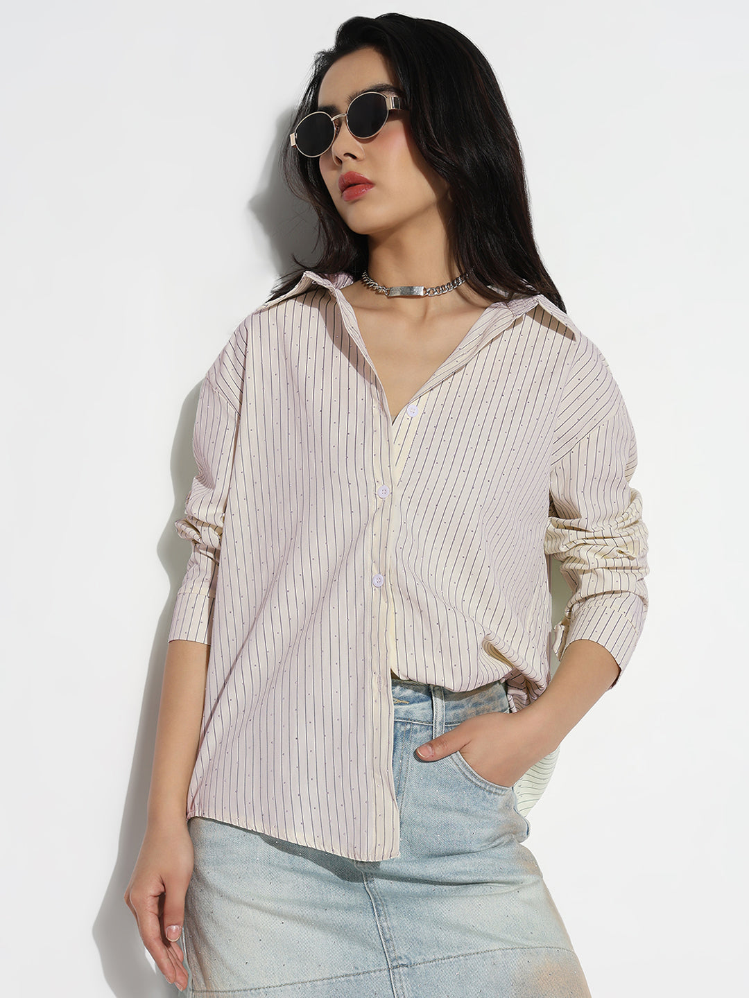 Women Oversized Cream Striped Shirt