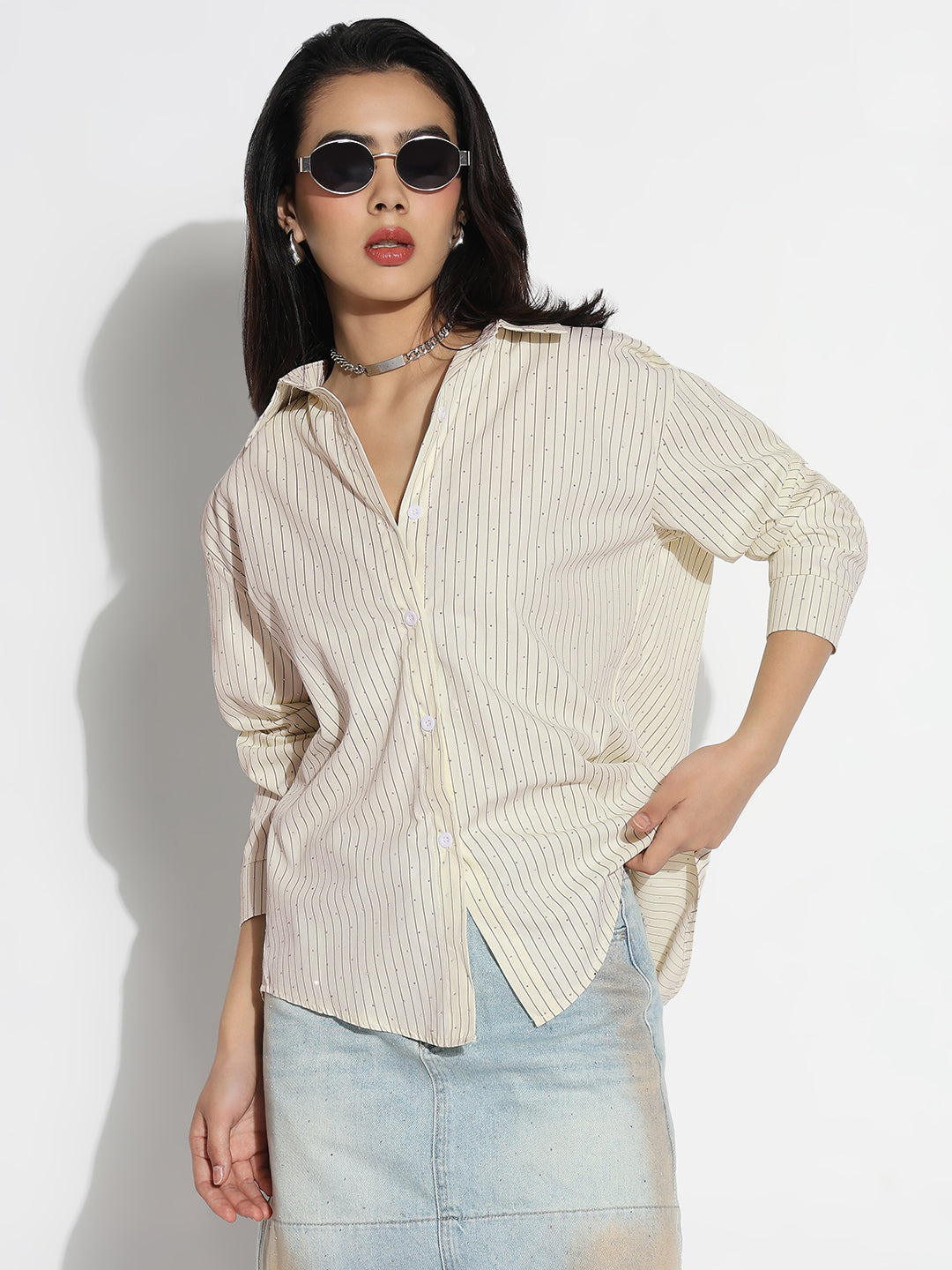 Women Oversized Cream Striped Shirt