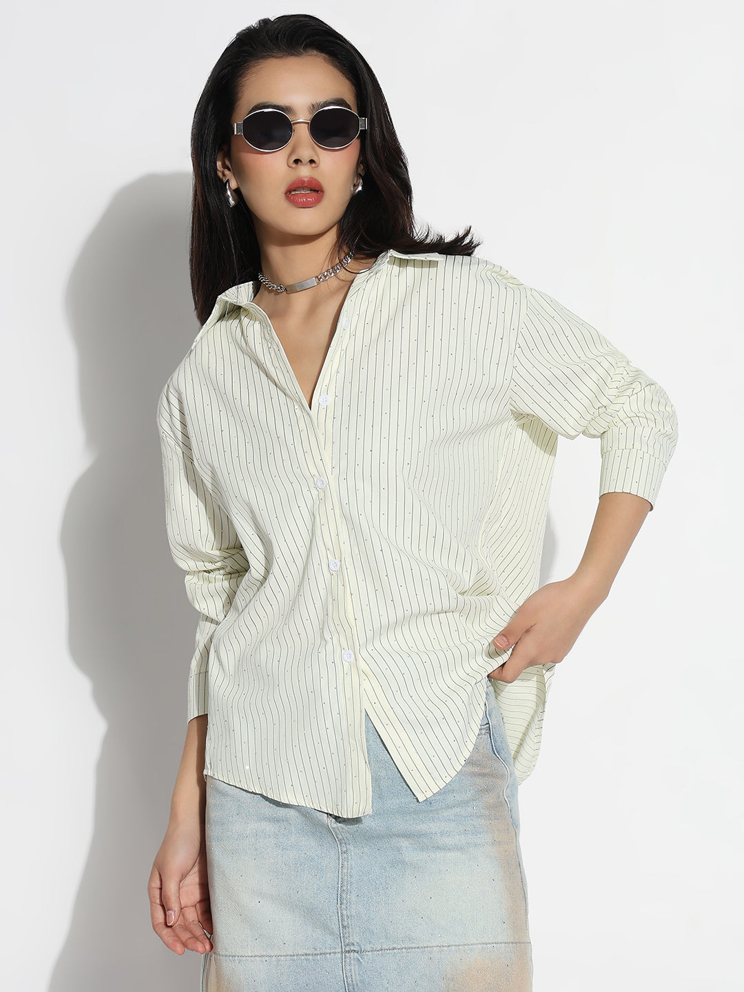 Women Oversized Green Striped Shirt