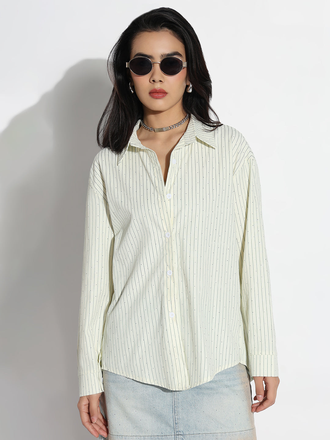 Women Oversized Green Striped Shirt