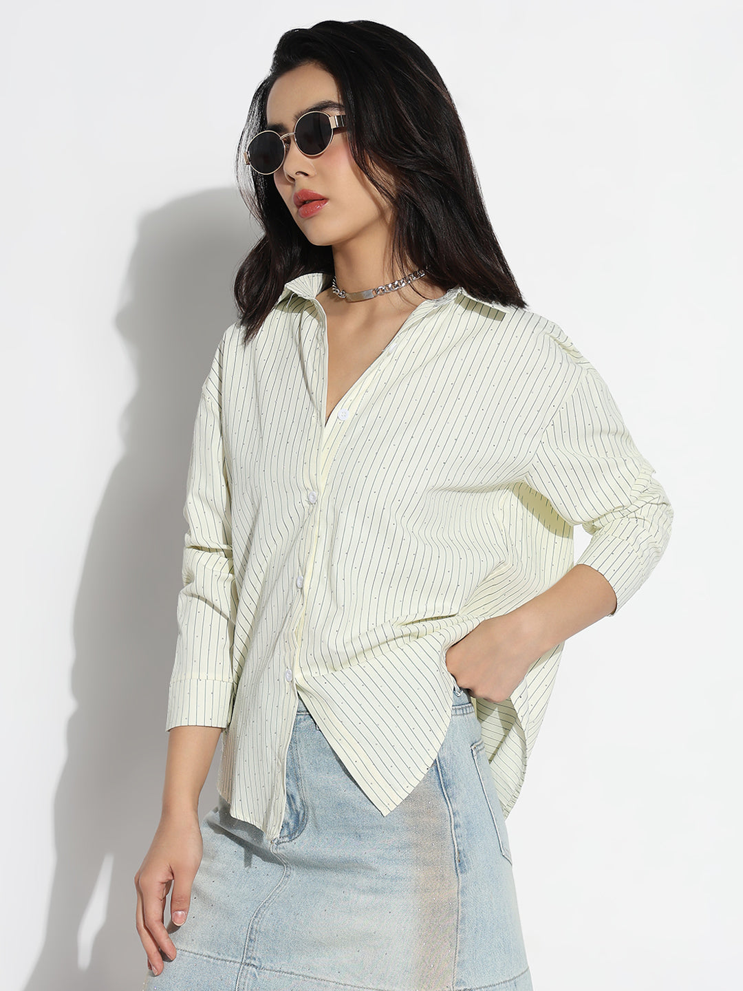 Women Oversized Green Striped Shirt