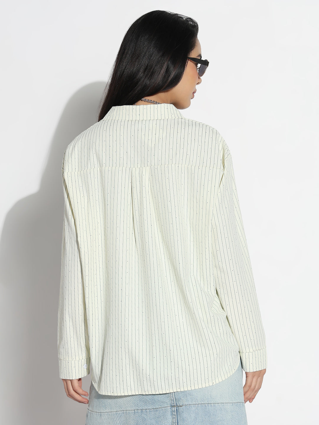 Women Oversized Green Striped Shirt