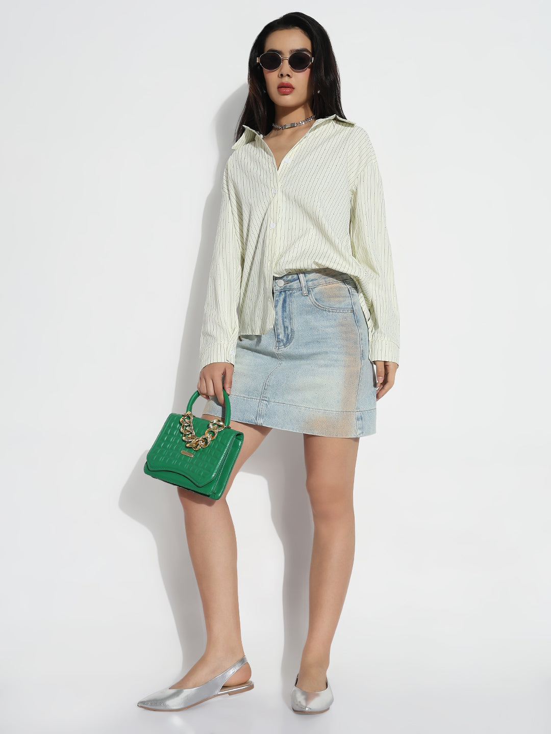 Women Oversized Green Striped Shirt