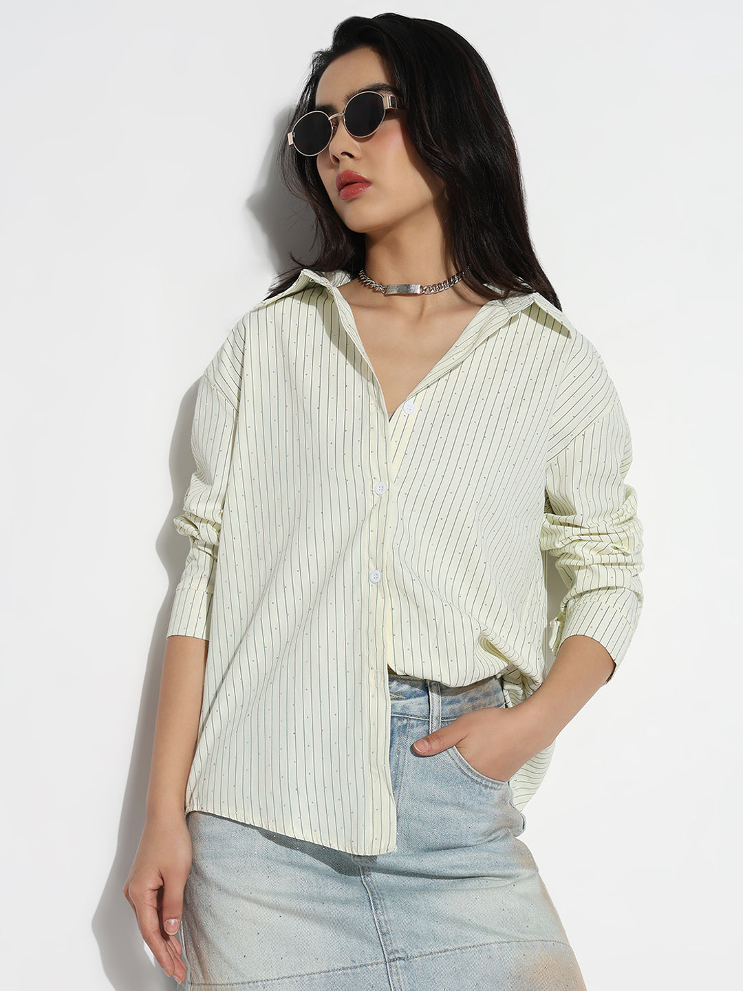 Women Oversized Green Striped Shirt