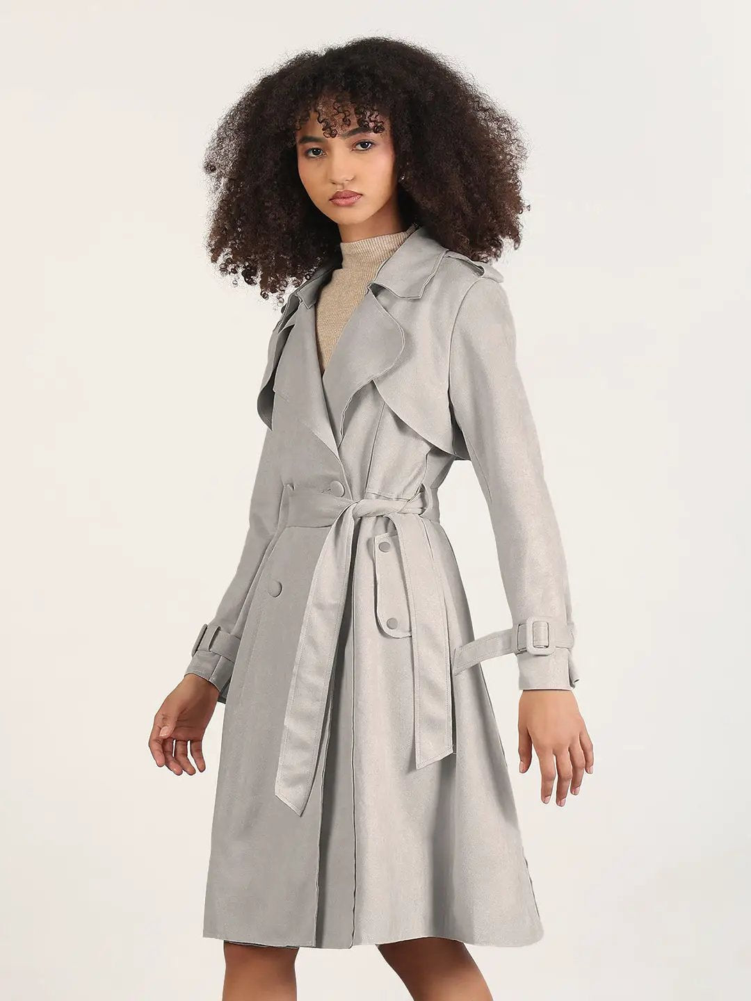Women's Grey Trench Coat with Belted Waist - Uncategorized from SHOWOFFFF