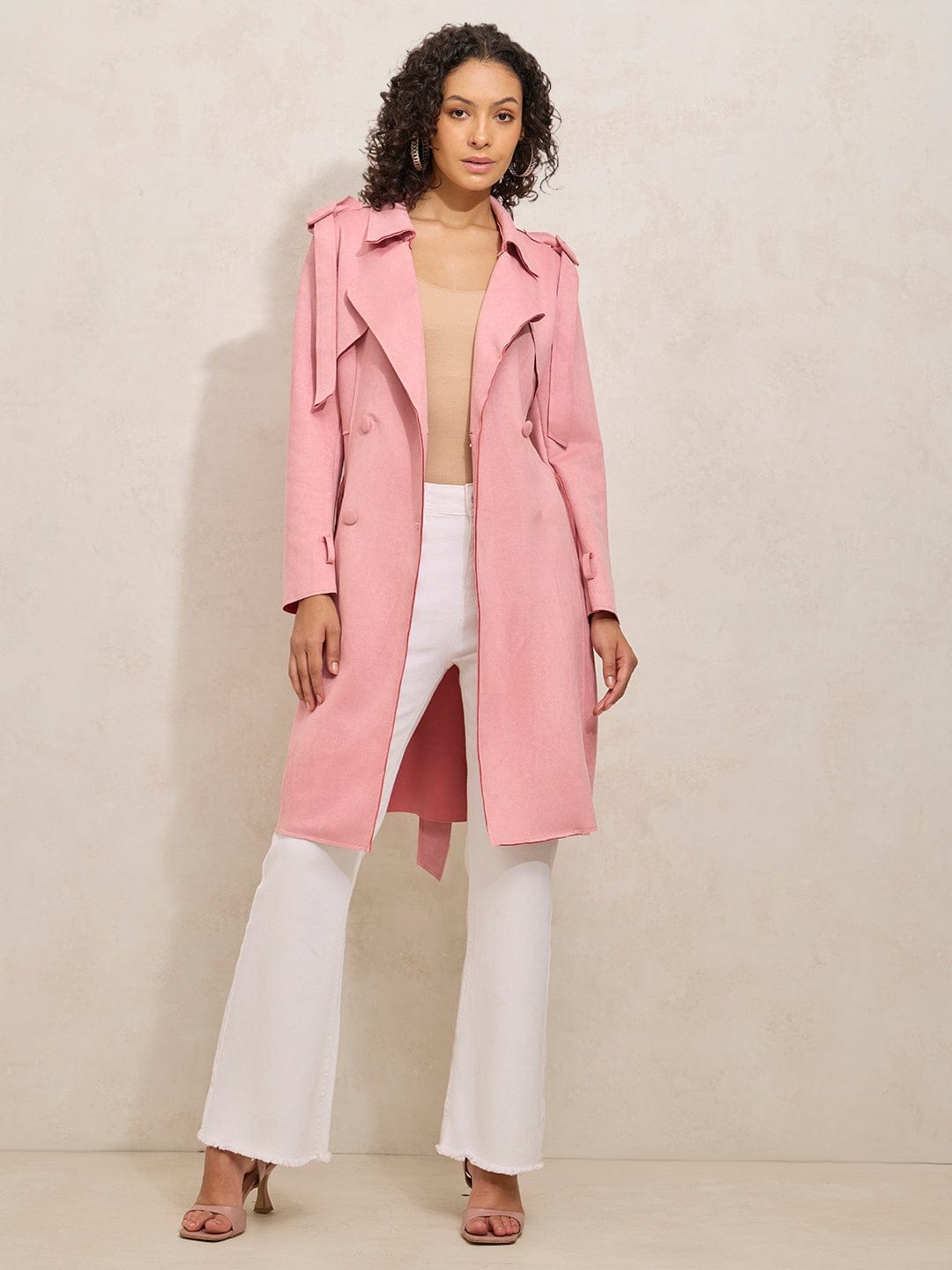 Buy Women's Pink Trench Coat with Shoulder Flaps and Belt