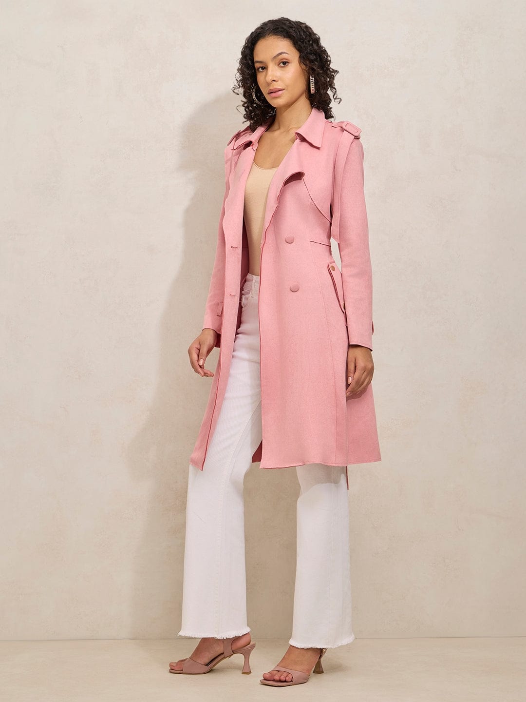 Buy Women's Pink Trench Coat with Shoulder Flaps and Belt Online