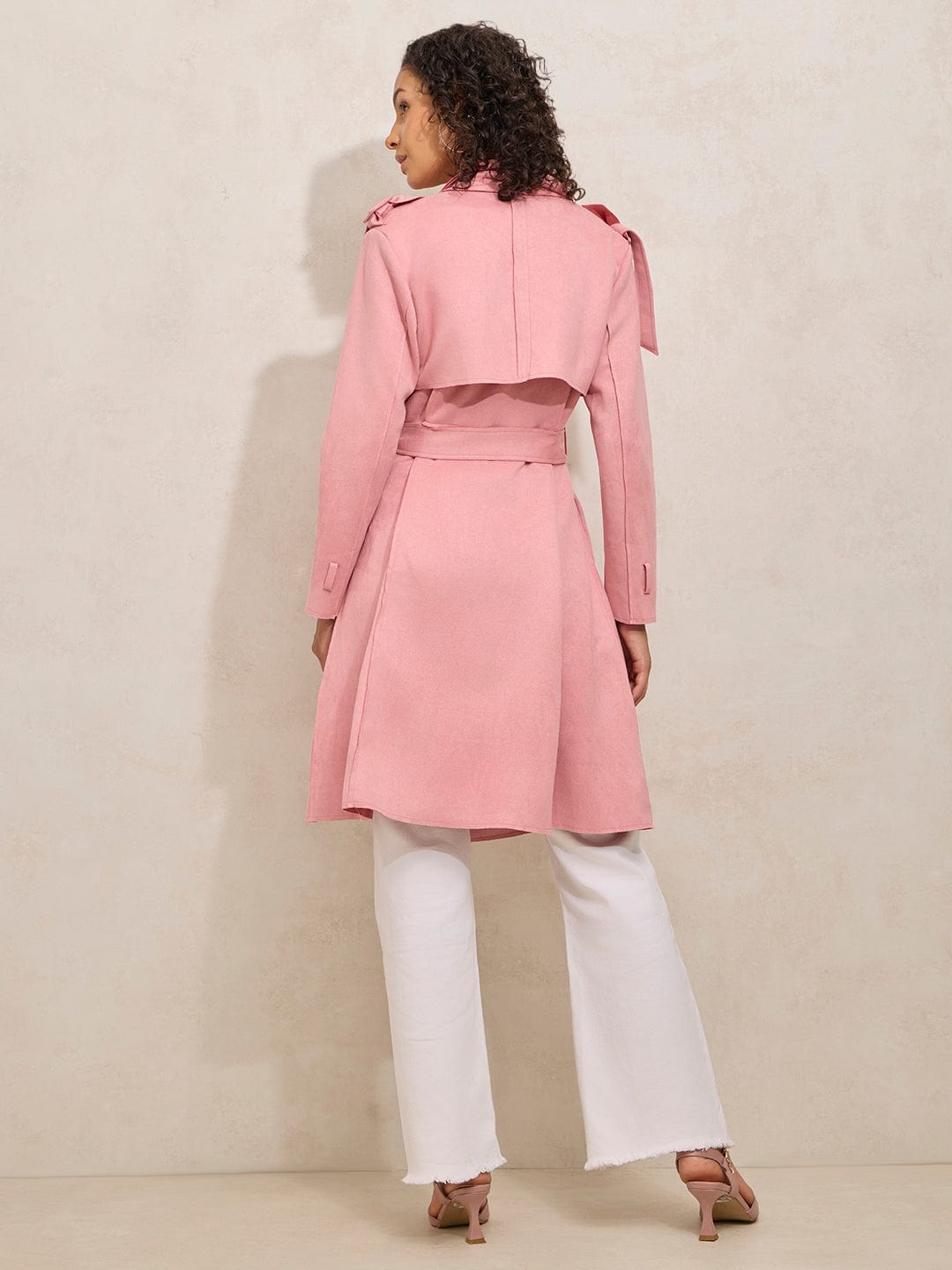Women's Pink Trench Coat with Shoulder Flaps and Belt