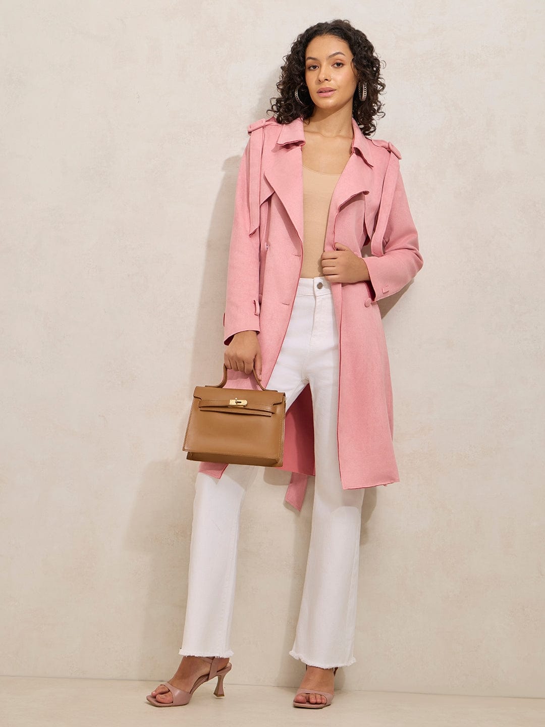 Women's Pink Trench Coat with Shoulder Flaps and Belt