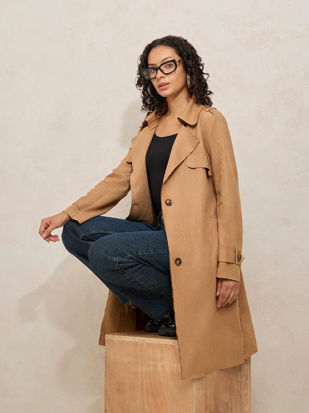 Women's Brown Trench Coat with Shoulder Flaps and Belt