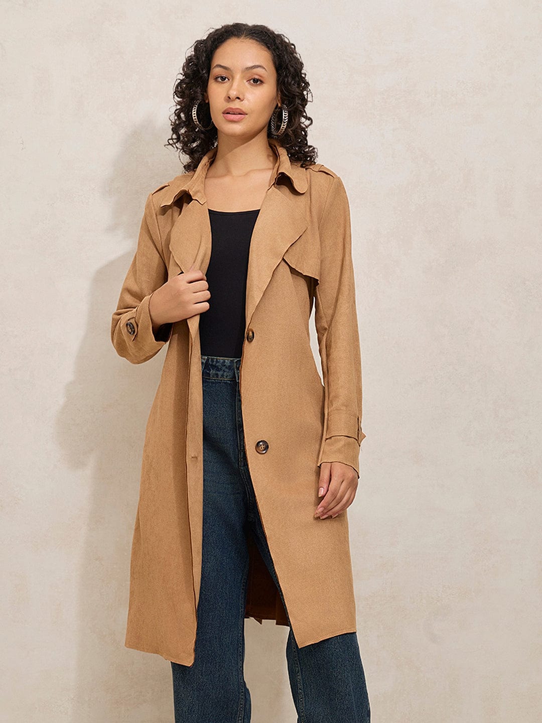 Women's Brown Trench Coat with Shoulder Flaps and Belt