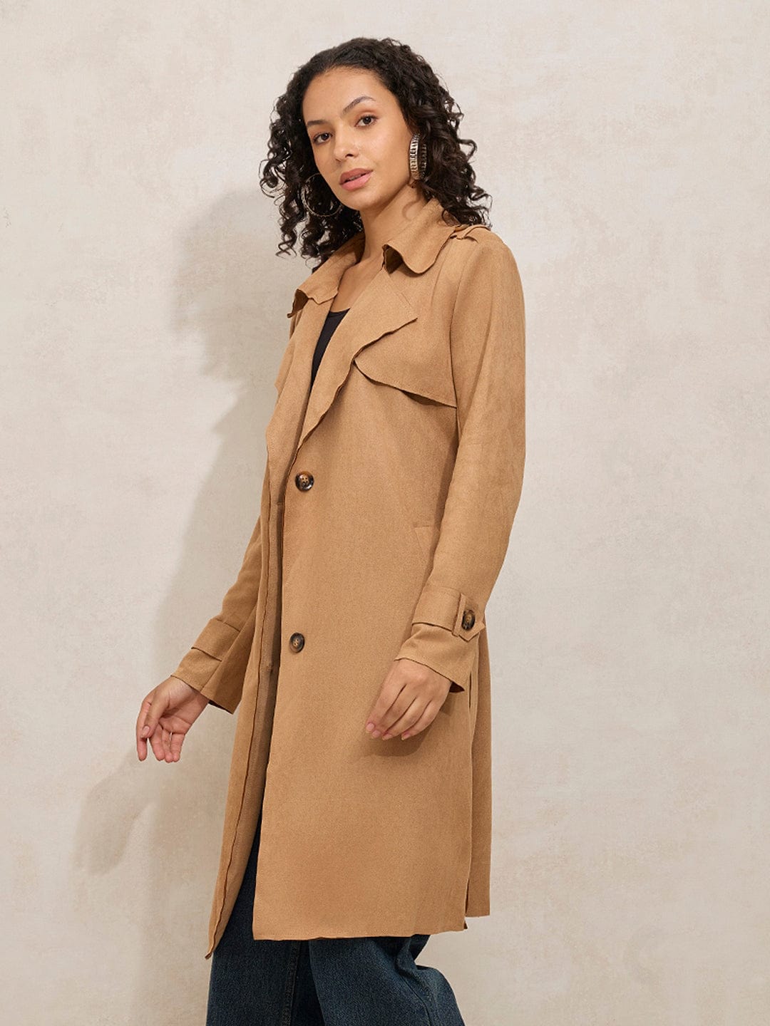 Women's Brown Trench Coat with Shoulder Flaps and Belt