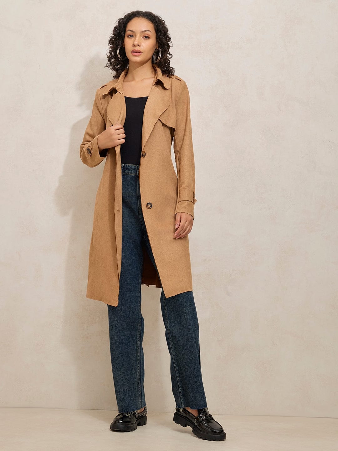Women's Brown Trench Coat with Shoulder Flaps and Belt
