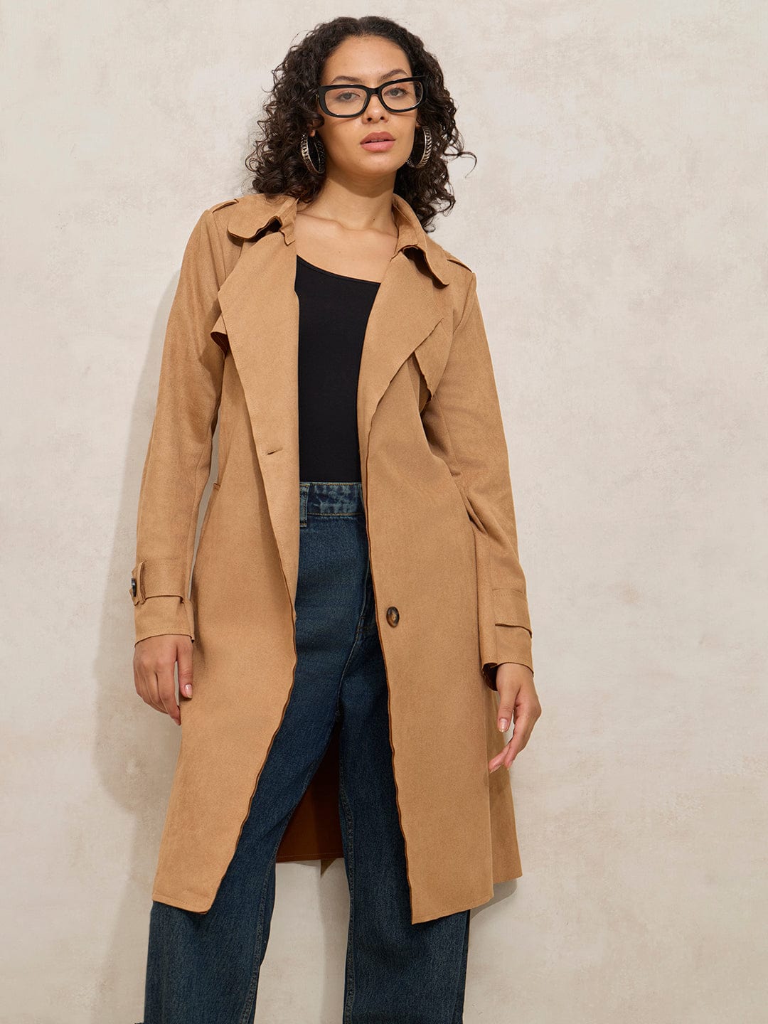Women's Brown Trench Coat with Shoulder Flaps and Belt