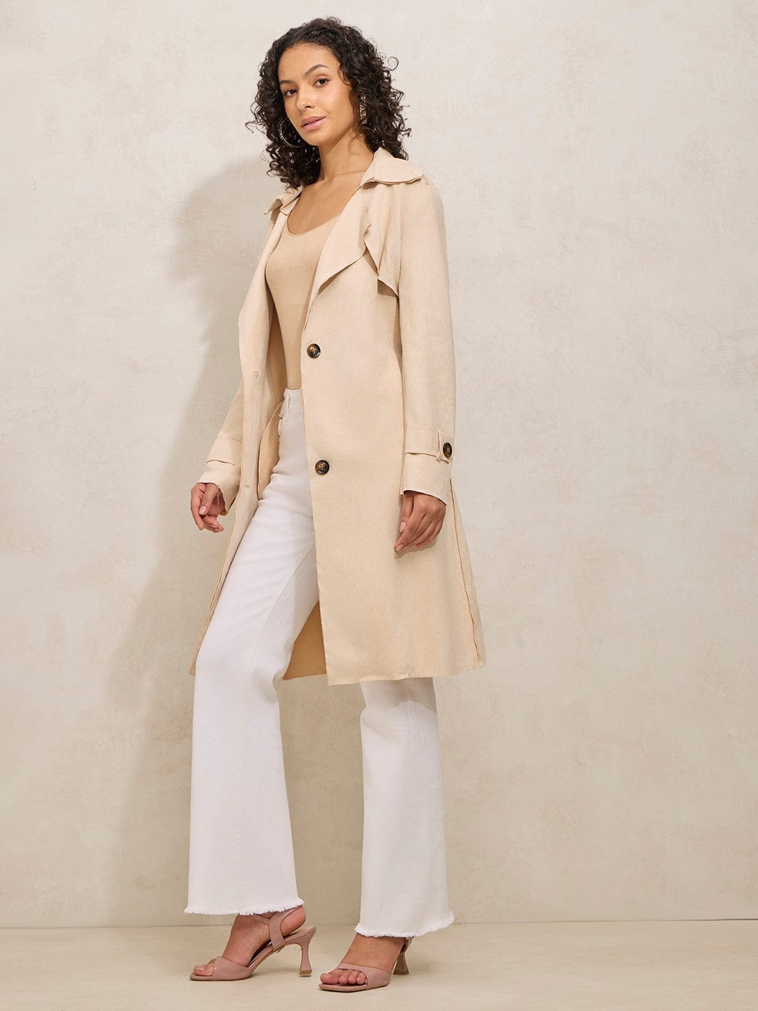 Women's Cream Trench Coat with Shoulder Flaps and Belt