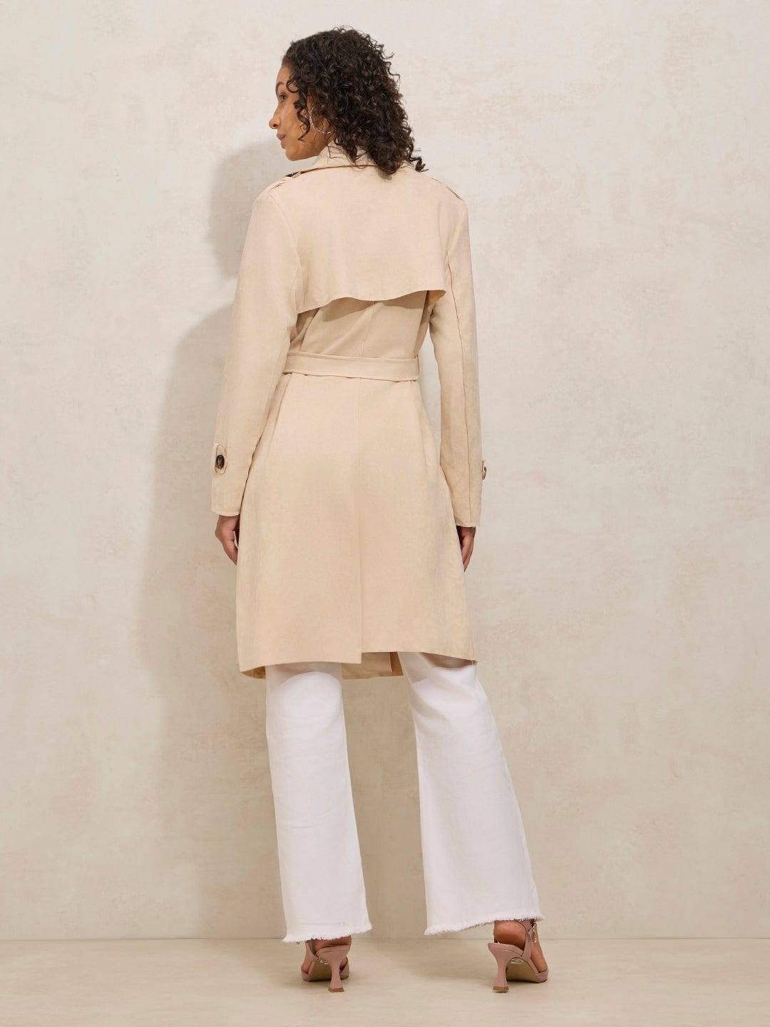 Women's Cream Trench Coat with Shoulder Flaps and Belt