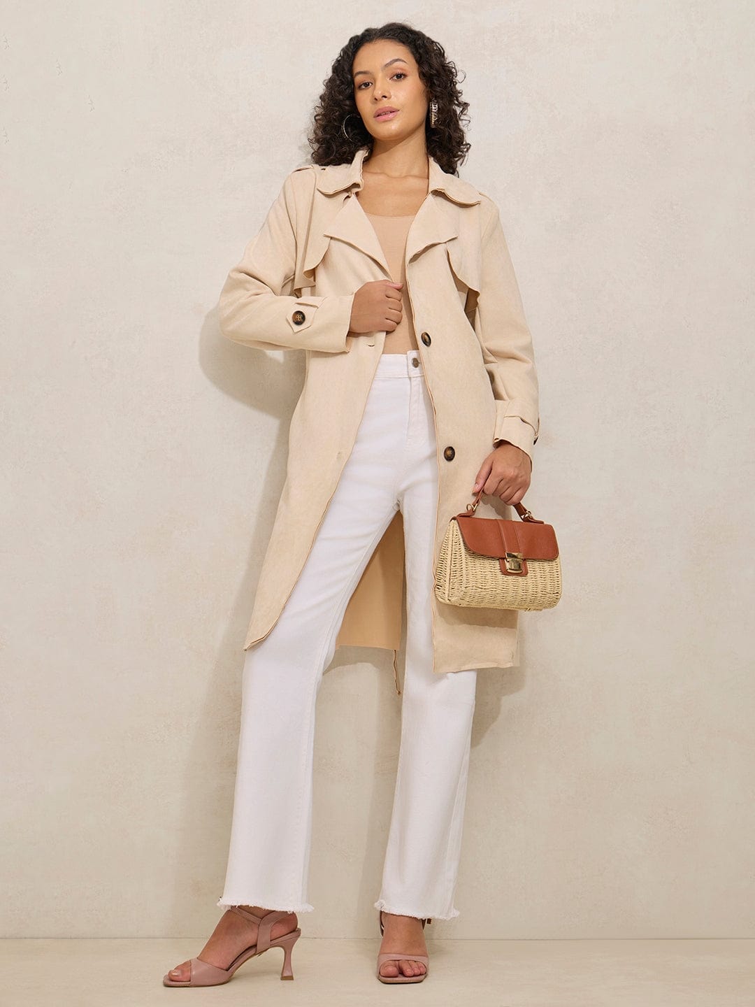 Women's Cream Trench Coat with Shoulder Flaps and Belt