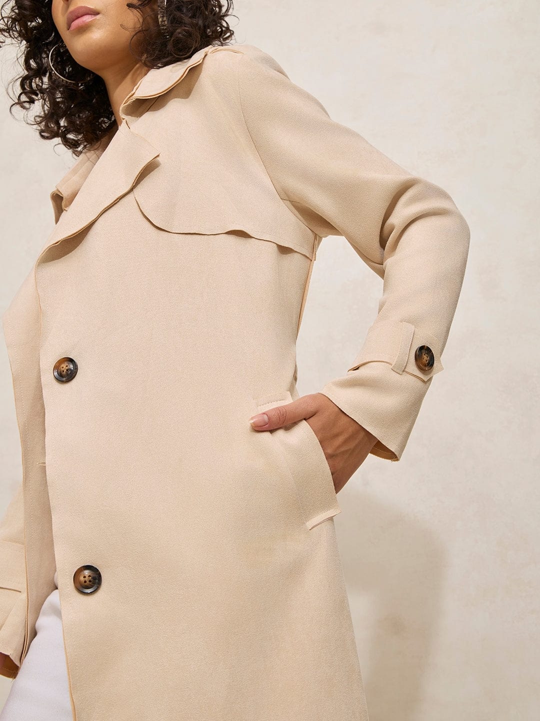 Women's Cream Trench Coat with Shoulder Flaps and Belt