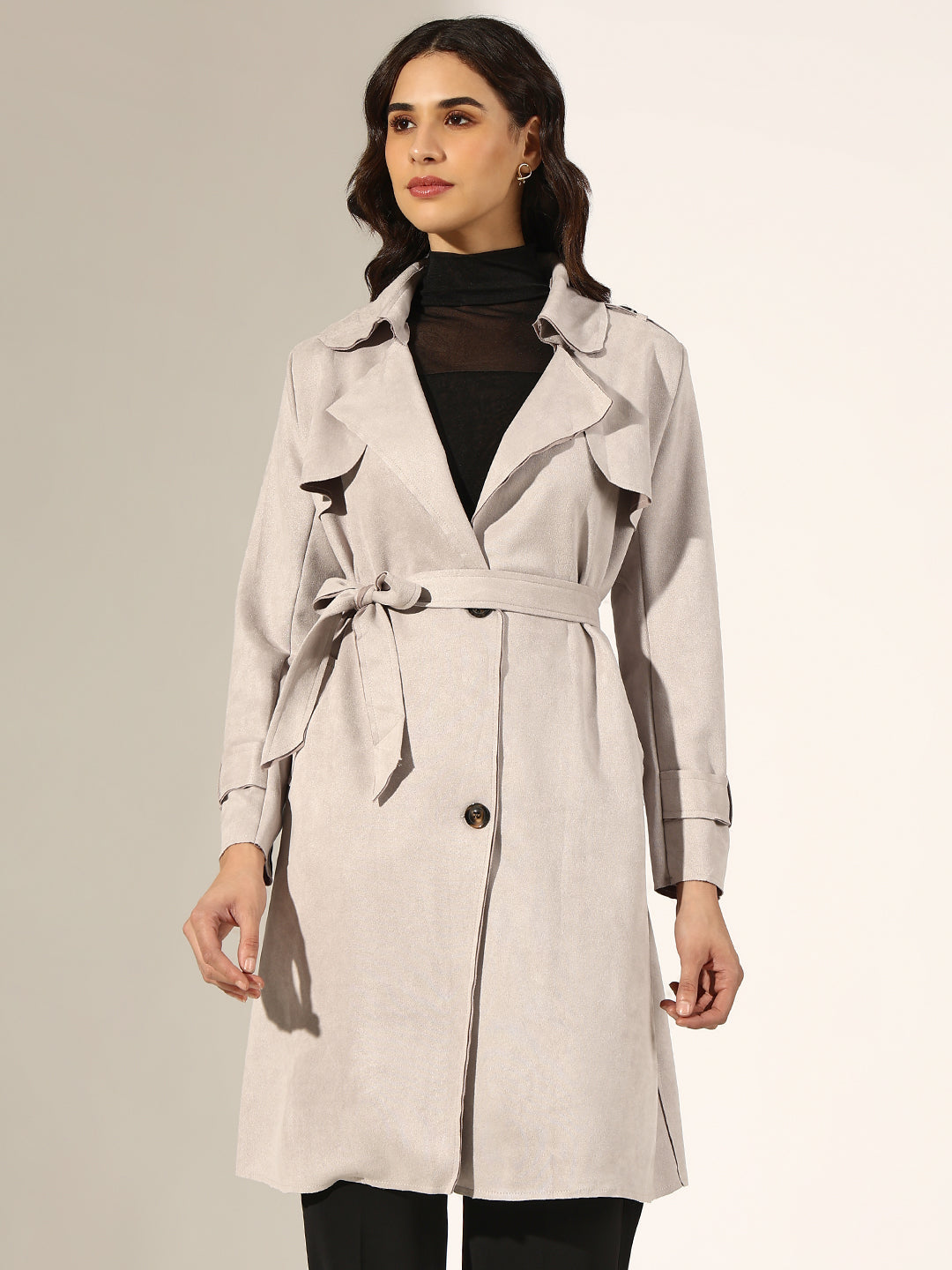 Women's Grey Long Trench Coat with Fabric Belt