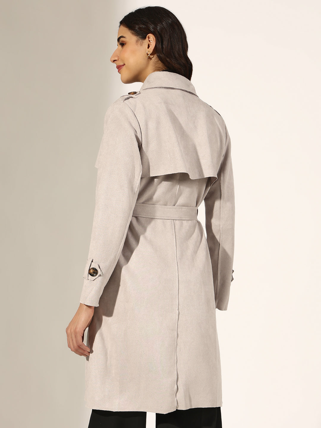 Women's Grey Long Trench Coat with Fabric Belt