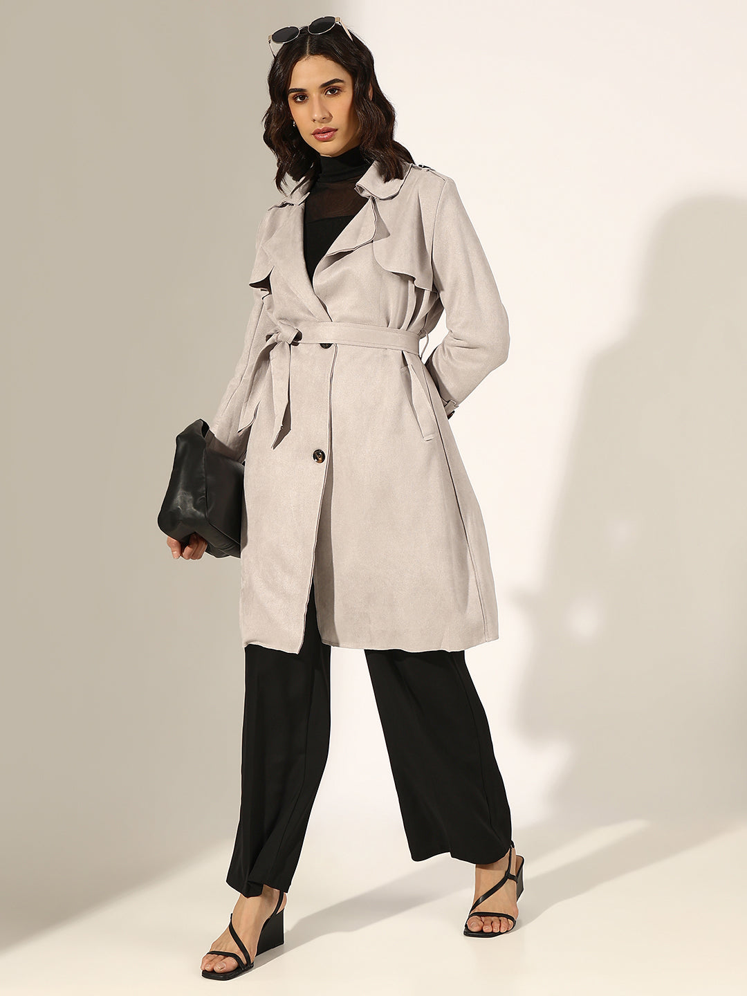 Women's Grey Long Trench Coat with Fabric Belt