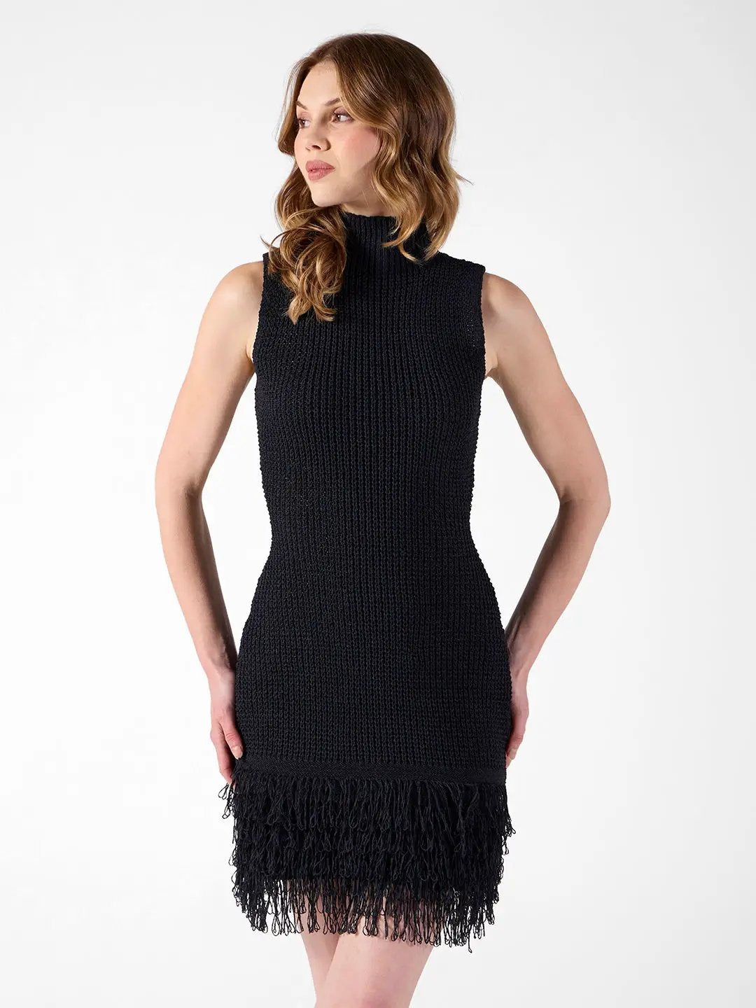 Shop Women's Black Ribbed Bodycon Mini Dress with Fringe Hem| Showoffff Shop Women's Black Ribbed Bodycon Mini Dress with Fringe Hem| Showoffff