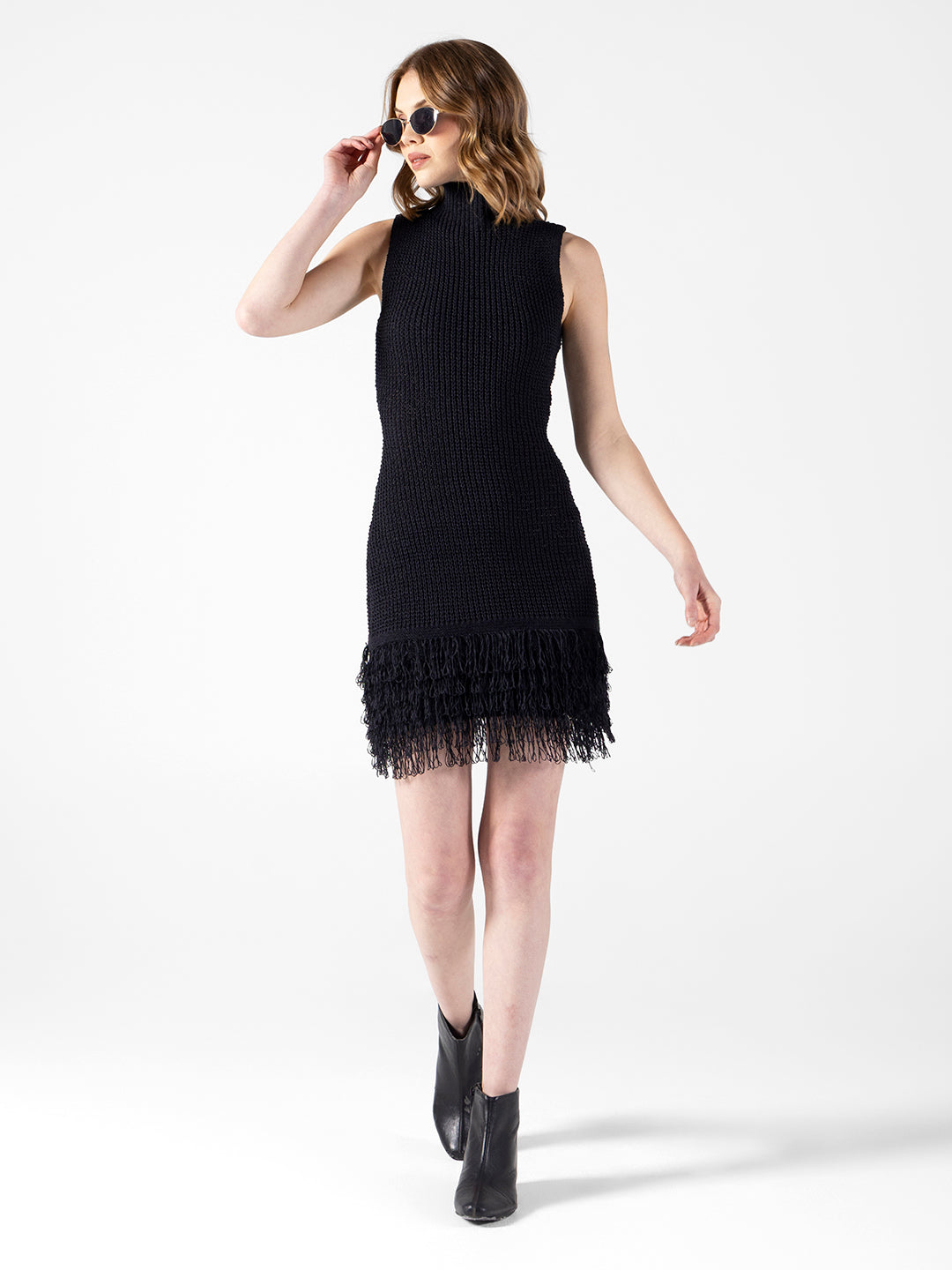 Women's Black Ribbed Bodycon Mini Dress with Fringe Hem