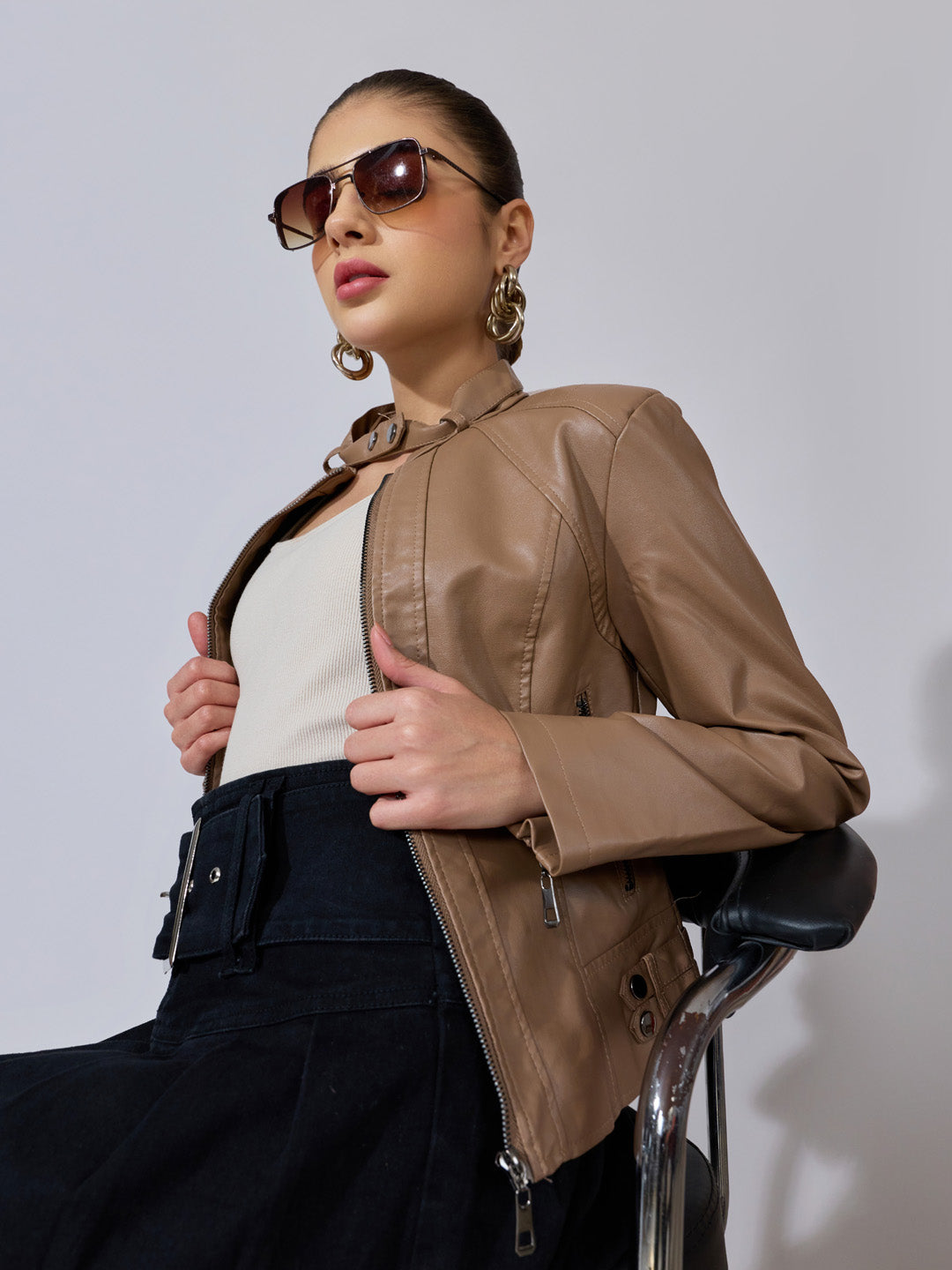 Women's Brown Faux Leather Biker Jacket