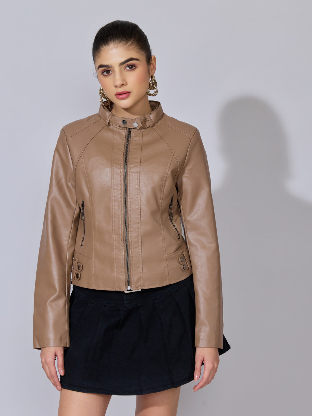 Women's Brown Faux Leather Biker Jacket