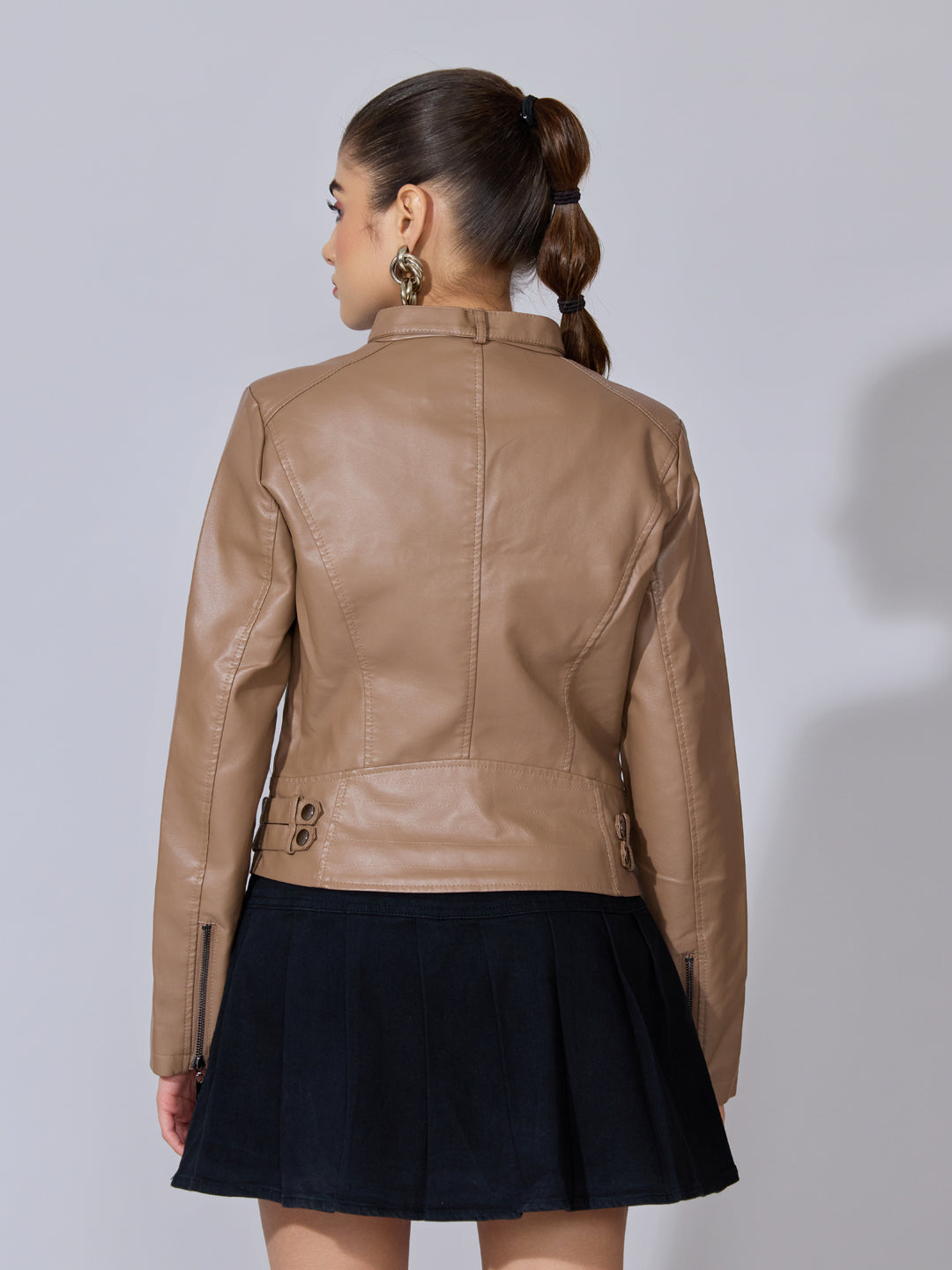 Women's Brown Faux Leather Biker Jacket
