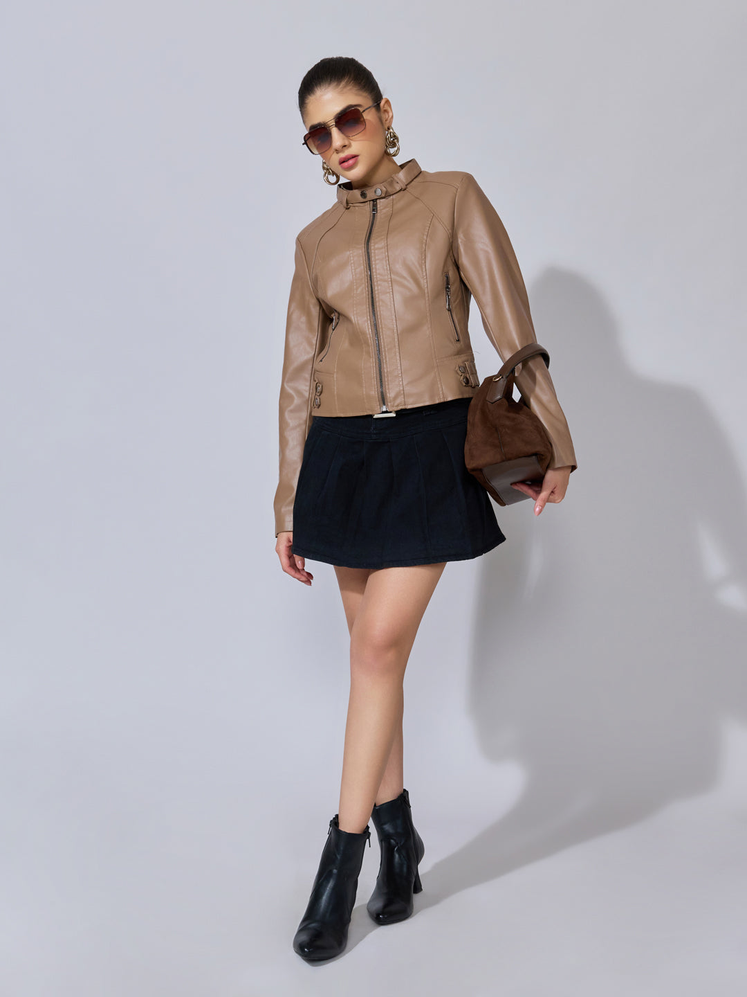 Women's Brown Faux Leather Biker Jacket