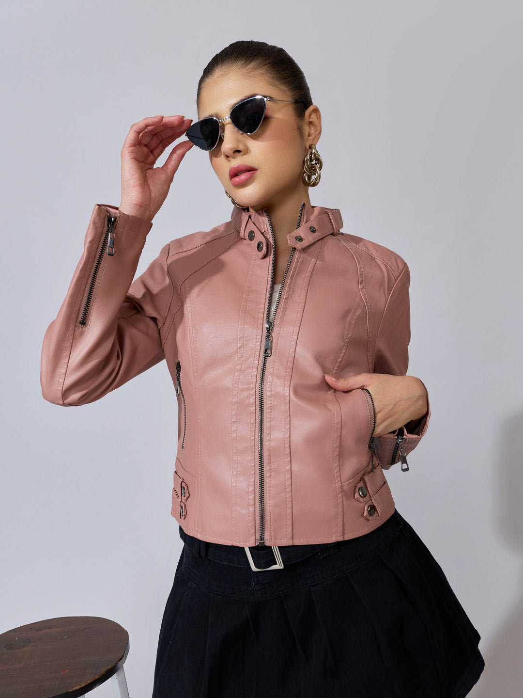 Women's Pink Faux Leather Biker Jacket