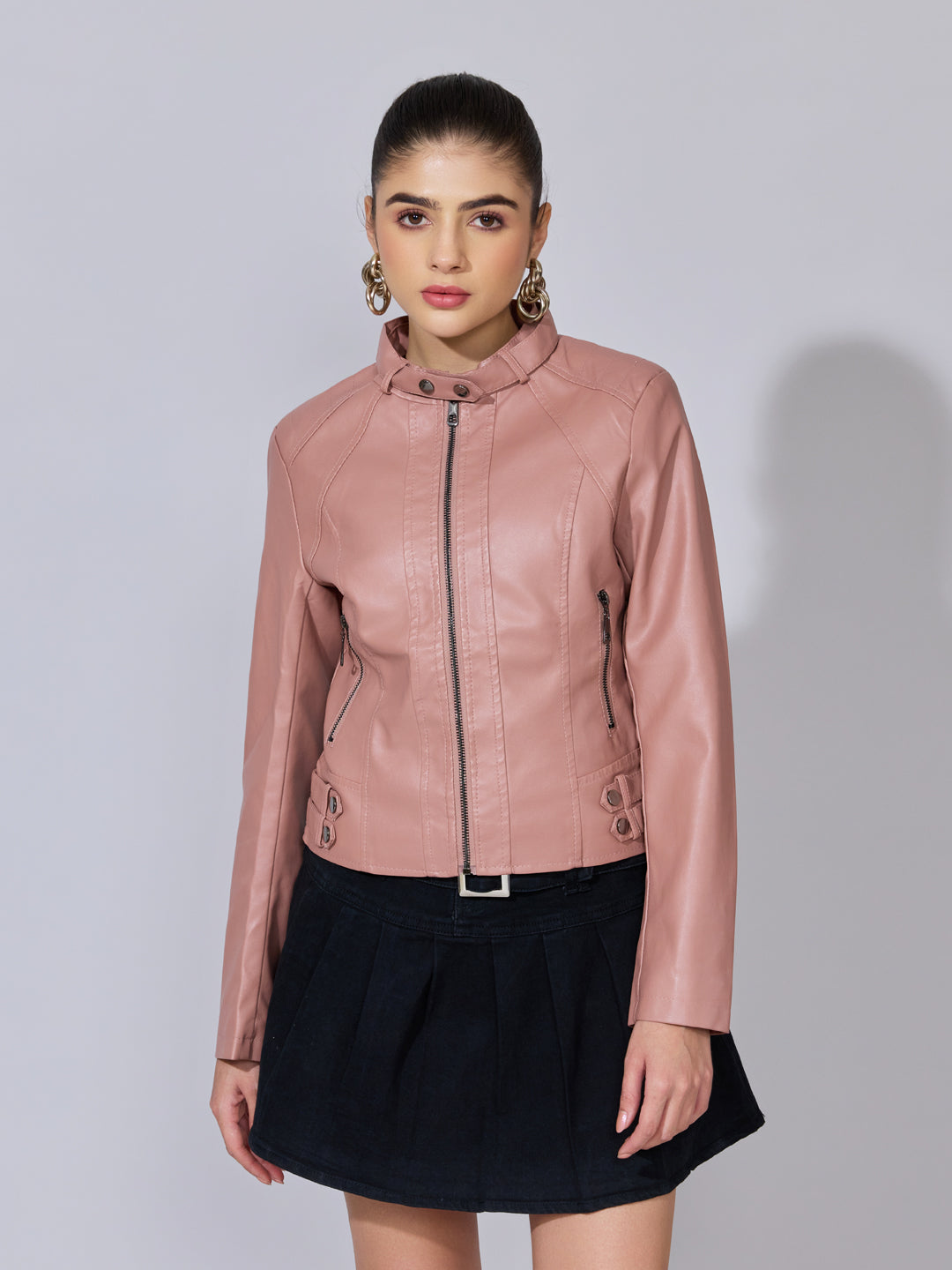 Women's Pink Faux Leather Biker Jacket
